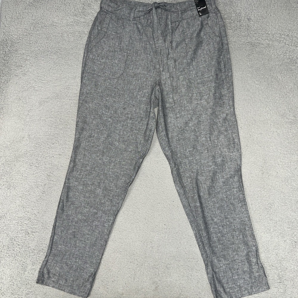 NWT Soho NY & Company Street Boyfriend Pants Women's Sz L Gray Linen Cuffed Hem